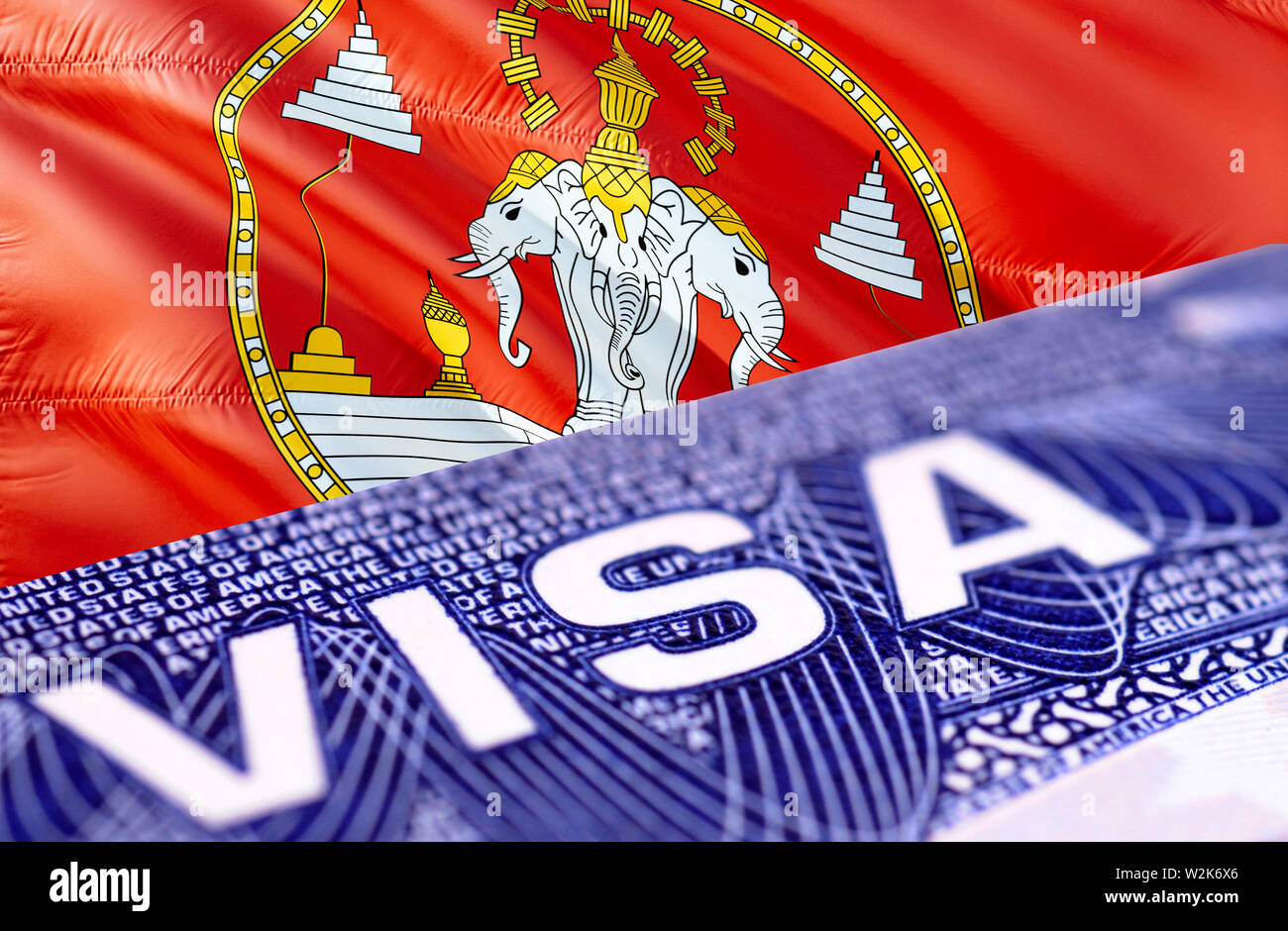 Laos Visa Document With Laos Flag In Background 3D Rendering Laos   Laos Visa Document With Laos Flag In Background 3d Rendering Laos Flag With Close Up Text Visa On Usa Visa Stamp In Passportvisa Passport Stamp Tr W2K6X6 