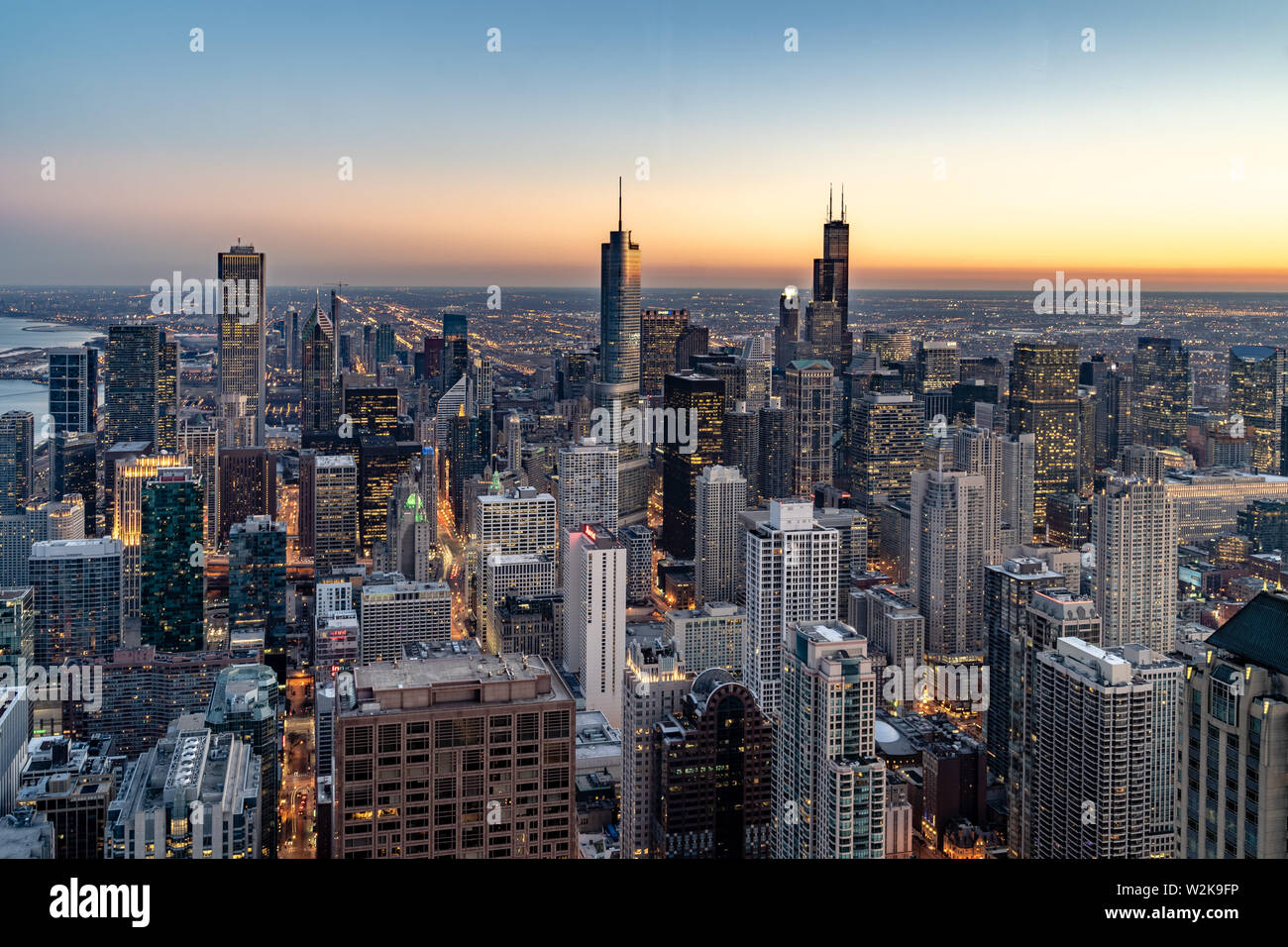 Aerial View of the Chicago Skyline at Sunset Stock Photo