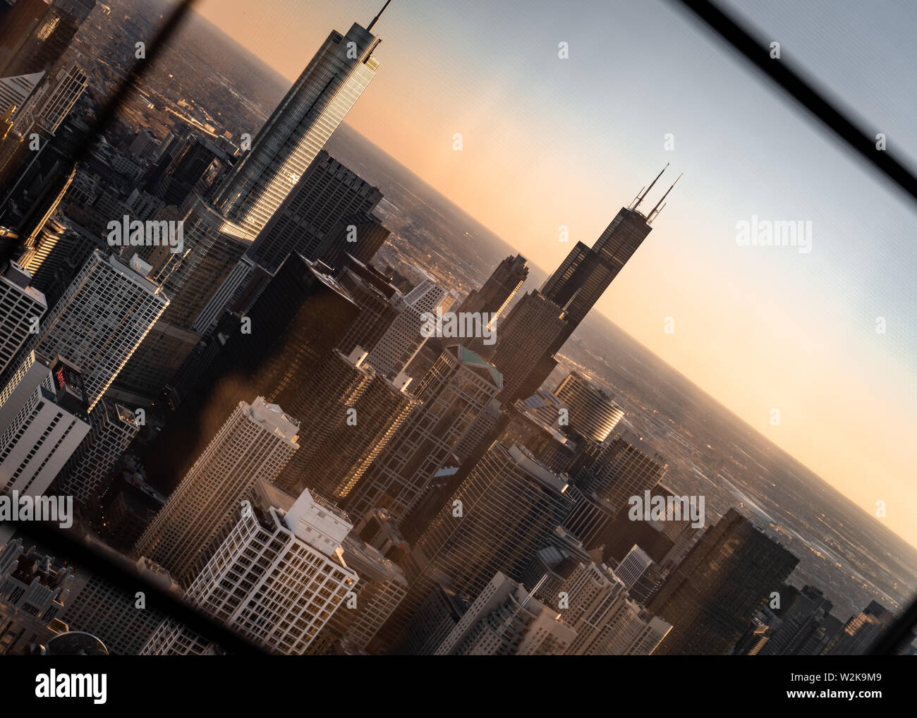 Aerial View of the Chicago Skyline at Sunset Stock Photo