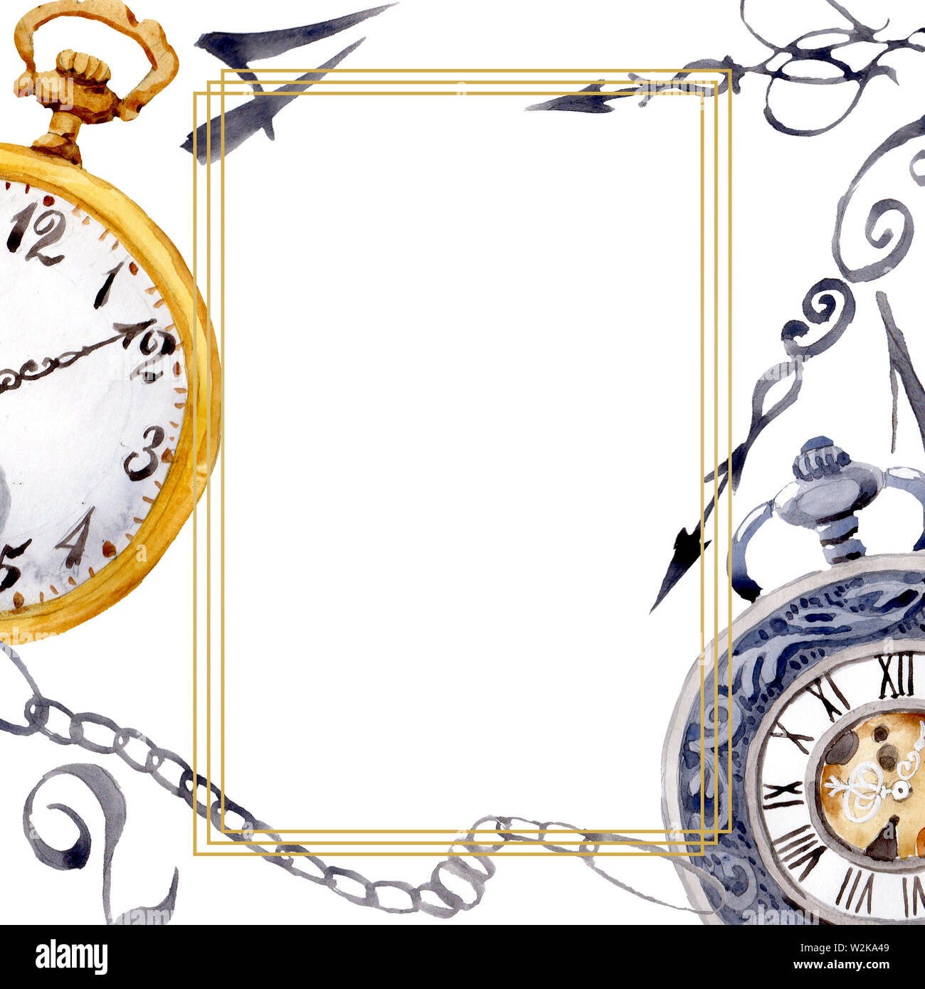 Vintage old clock pocket watch. Watercolor background illustration set.  Frame border ornament square Stock Photo - Alamy