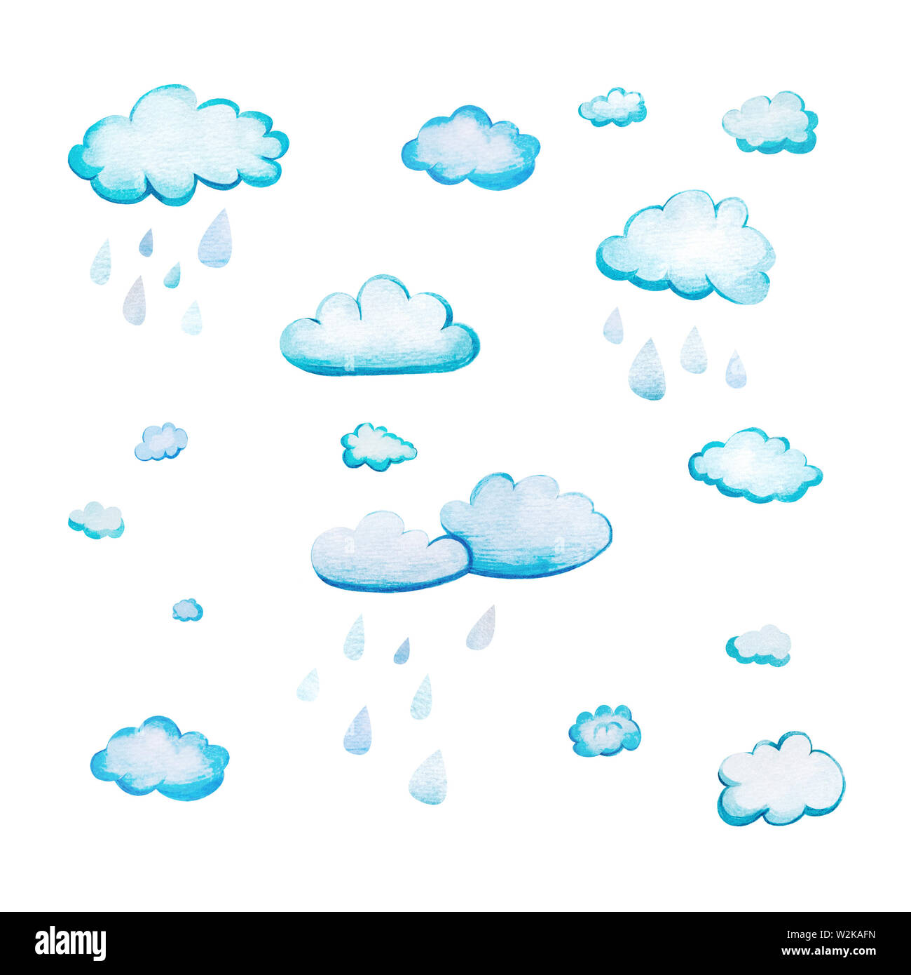 Set with watercolor cartoon rain clouds. White-blue clouds drawn by hand and isolated on a white background. Soft fluffy rounded shapes with the textu Stock Photo