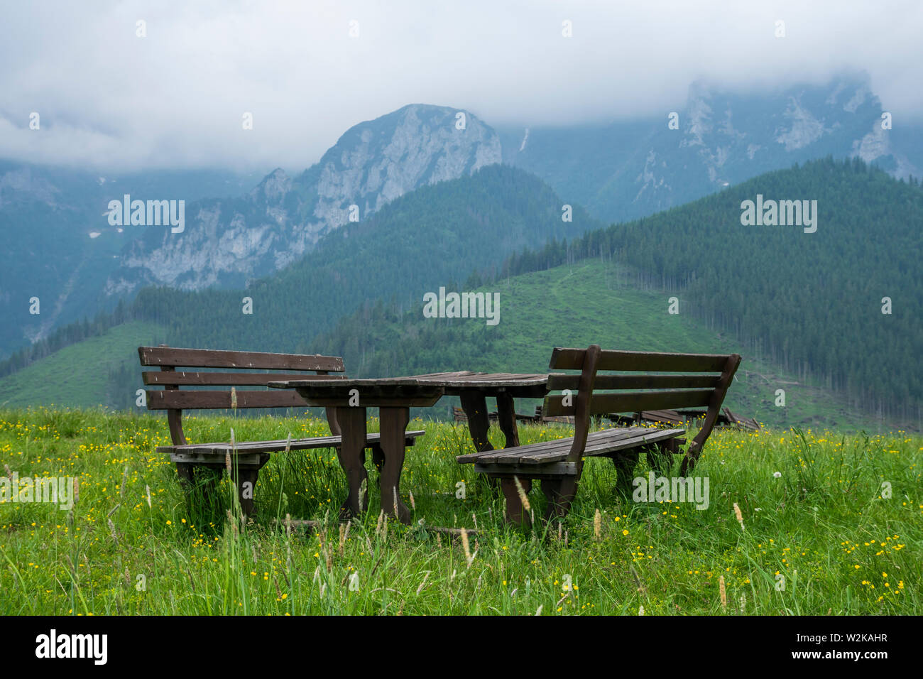 Bench with a view of the Tatras in the ski resort of Ždiar. Slovakia, Europe. Stock Photo