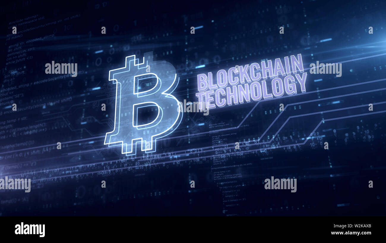 Blockchain technology and bitcoin symbol hologram in dynamic electric  circle on digital background. Modern concept of crypto currency, online  finance Stock Photo - Alamy