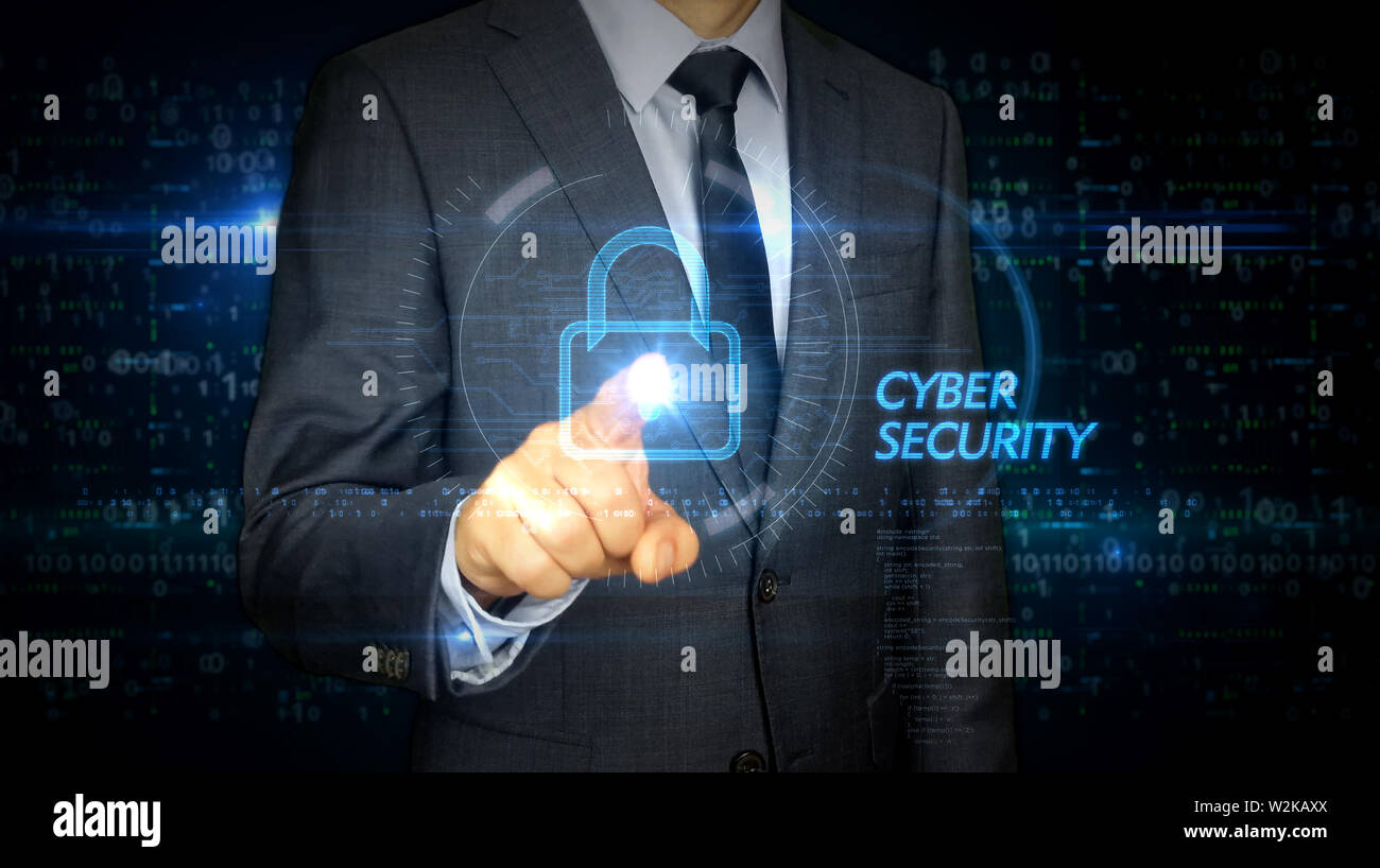 A businessman in a suit touch the screen with cyber security padlock ...