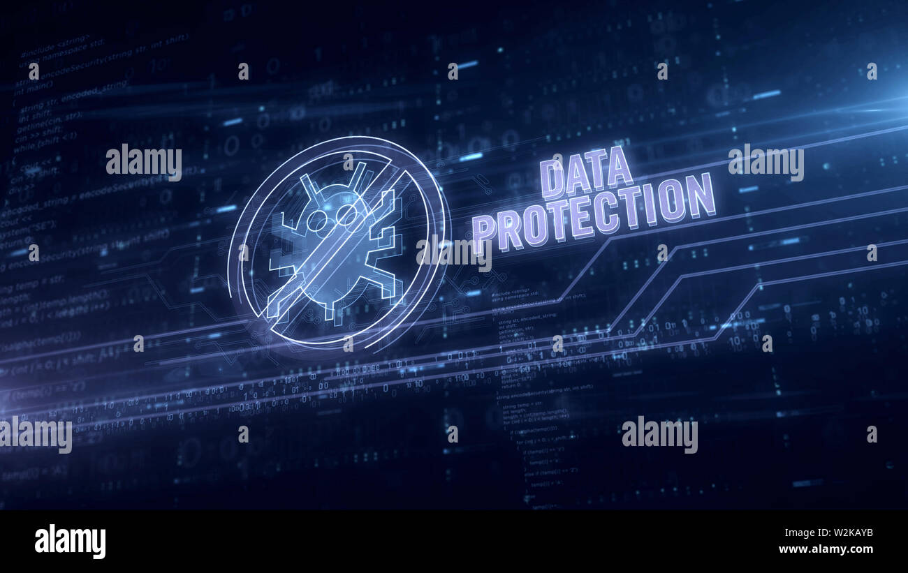 Data protection and virus ban symbol hologram in dynamic electric circle on digital background. Modern concept of antivirus, computer protection and d Stock Photo
