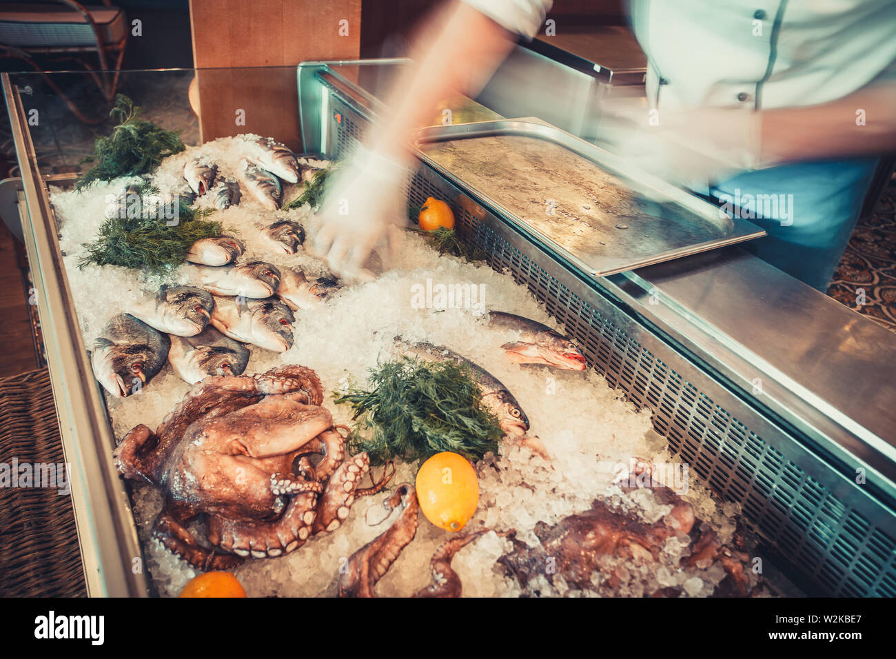 Delicious Fresh seafood on ice with herbs and lemons and human hands Stock Photo