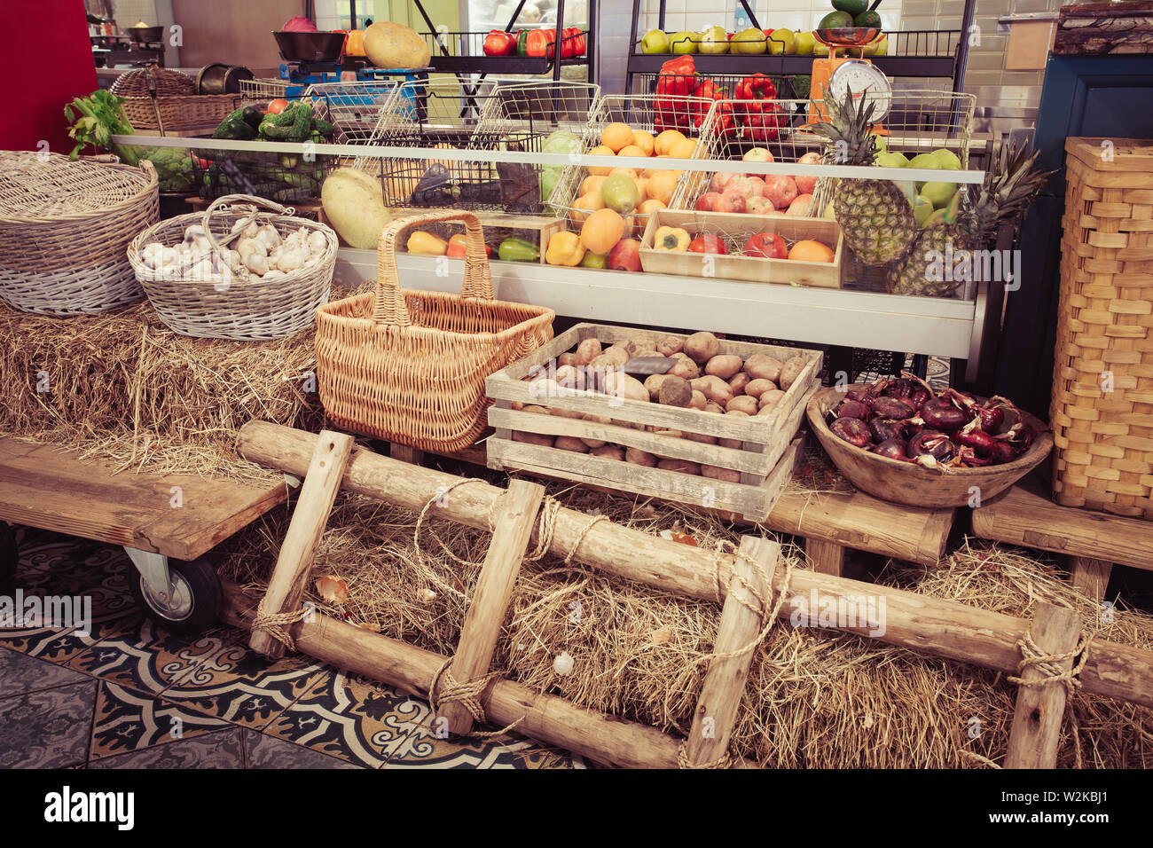 Variety of fresh fruits and vegetables in boxes Stock Photo - Alamy