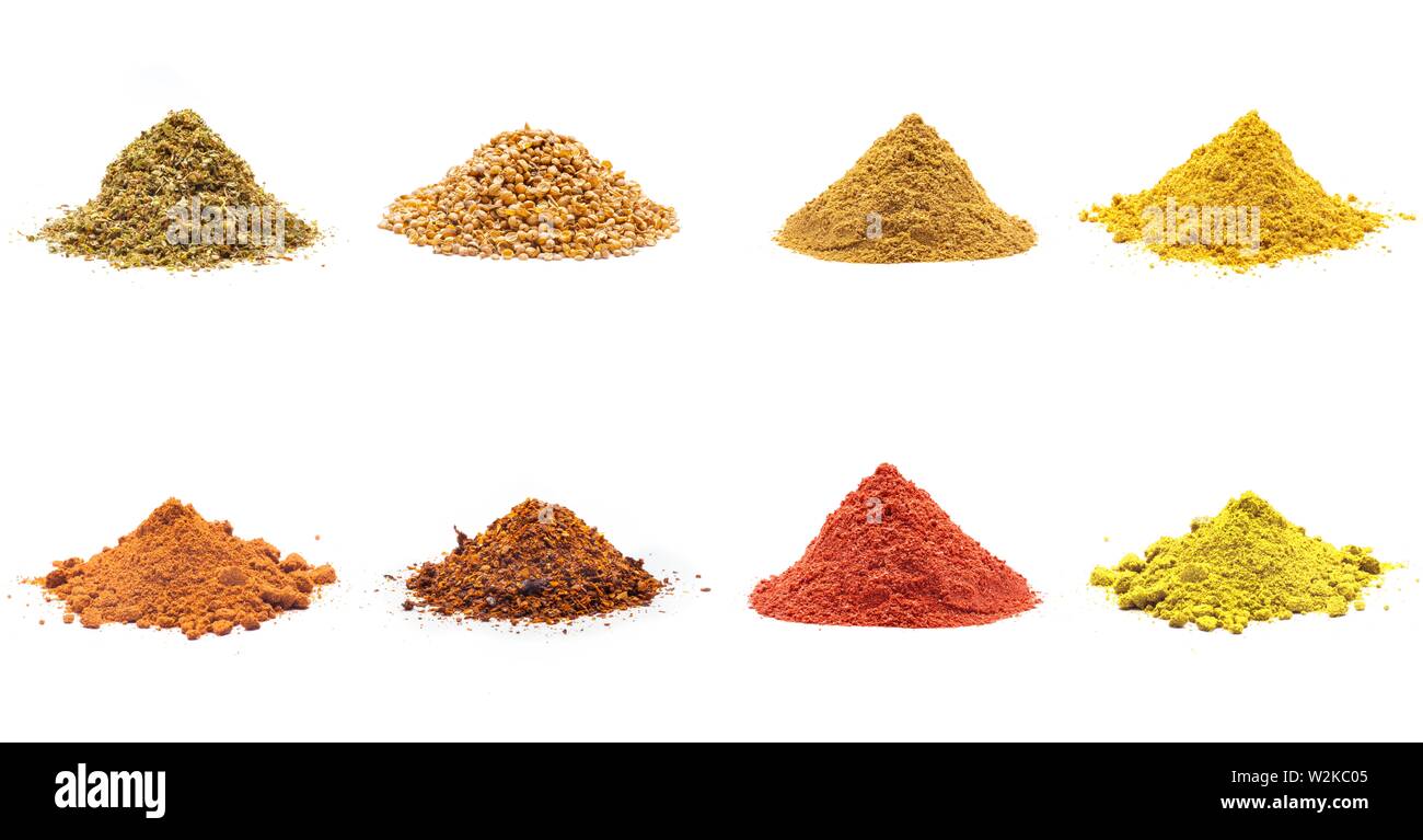 Colorful Spices Variety Collection Isolated On White Background Stock 