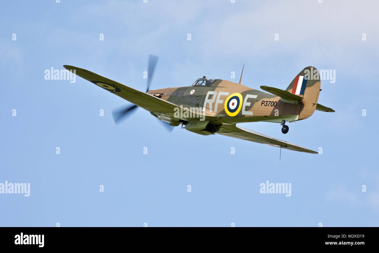 Hawker Hurricane MK1 P3700 airborne at the Shuttleworth Military Airshow on the 7th July 2019 Stock Photo