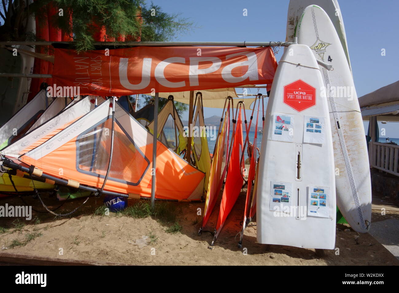 Windsurfing boards, Almyrida, Crete, Greece, Europe Stock Photo