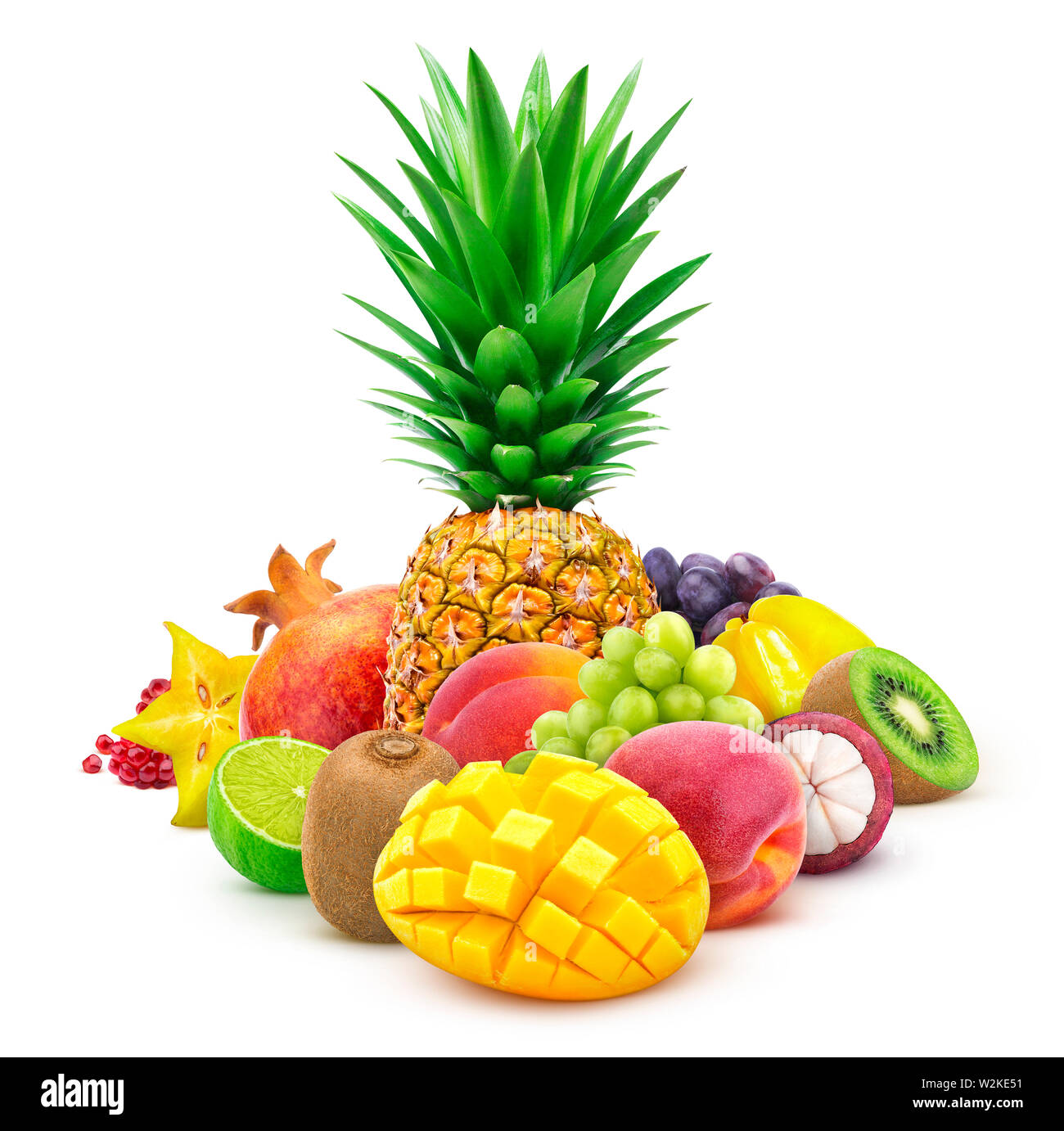 Tropical fruits whole and cut isolated on white background Stock Photo