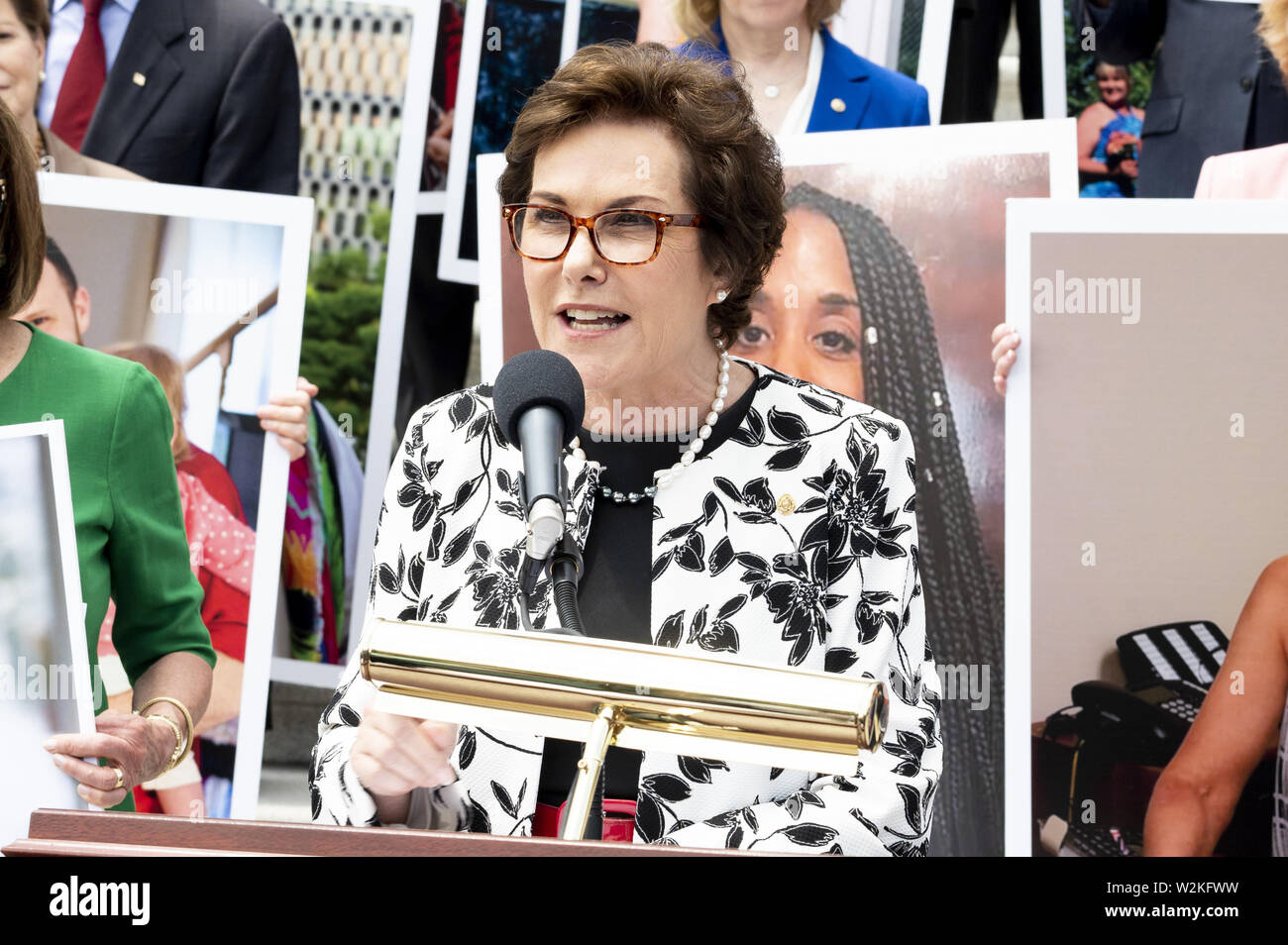 Washington, D.C, USA. 9th July, 2019. U.S. Senator JACKY ROSEN (D-NV) in front of a group of Democratic Senators and Representatives on the steps of the U.S. Capitol speaking against the ''assault on protections for people with pre-existing conditions'', on the steps of the US Capitol in Washington, DC on July 9, 2019. Credit: Michael Brochstein/ZUMA Wire/Alamy Live News Stock Photo