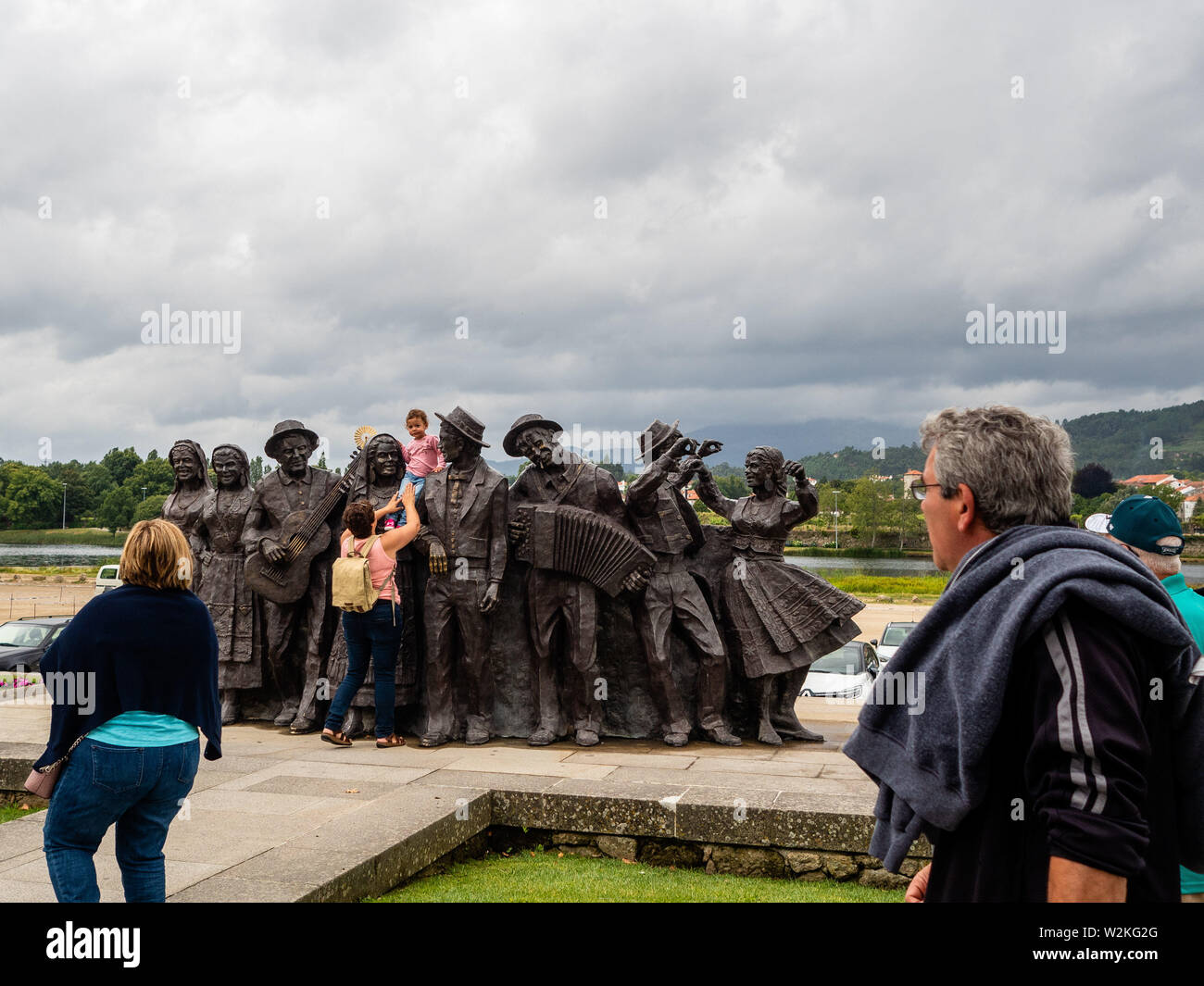 Portugal 18th June 19 Tourists Walk Past The Bronze Statues Symbolising The Folklore Groups At The Minho Region The Camino De Santiago The Way Of St James Is A Large Network Of Ancient