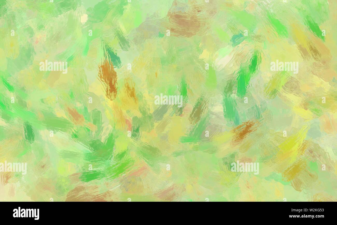 Impressionistic green background with yellow and brown paint brush strokes and spots with crinkled rough glass texture in modern abstract background d Stock Photo