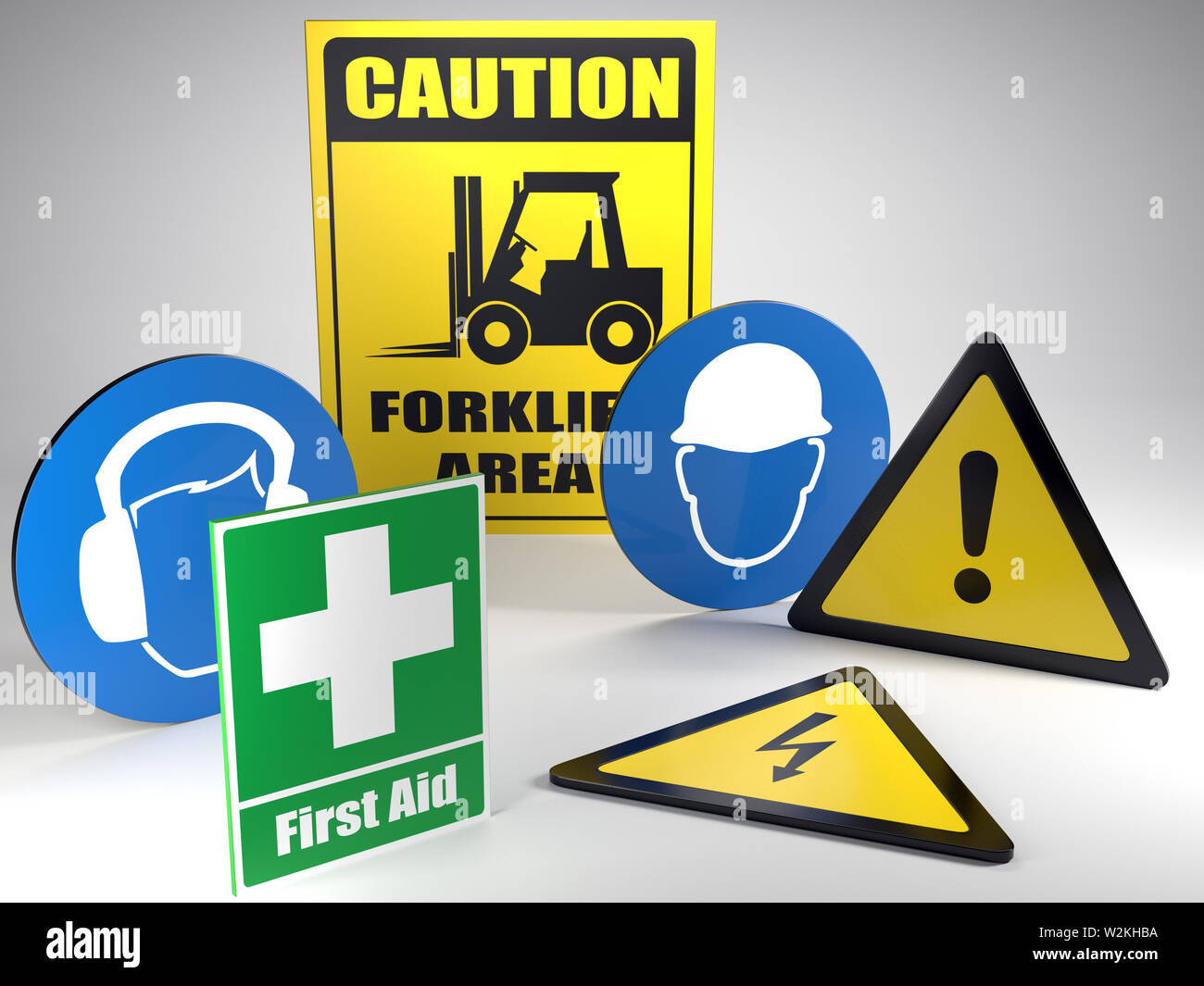 3D render of set of basic Safety at work warning and information signs on white background Stock Photo
