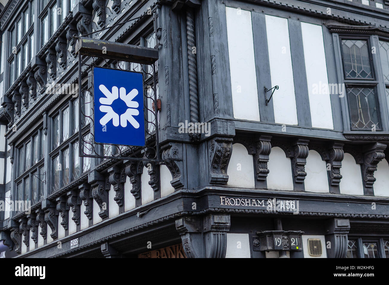 Royal Bank of Scotland logo seen on board near East Gate in Chester, United Kingdom. Stock Photo