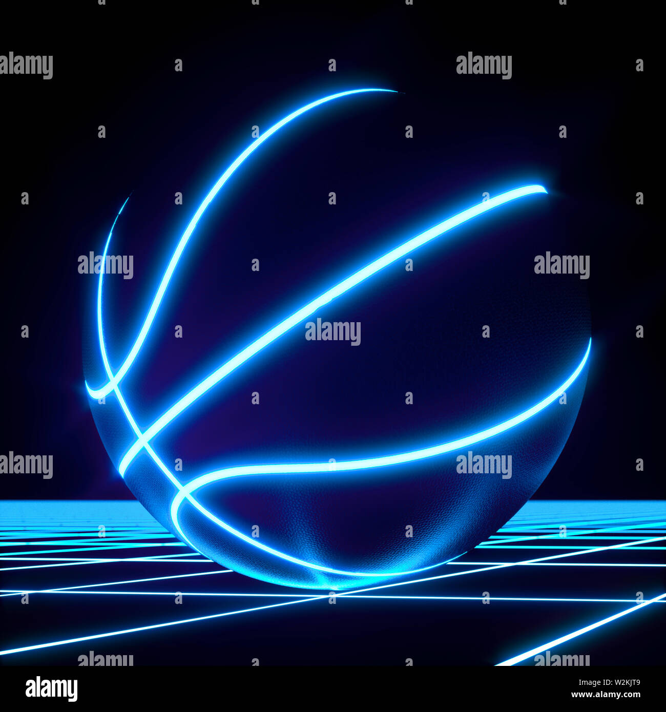 3D rendering of single blue neon basketball ball not moving on top of
