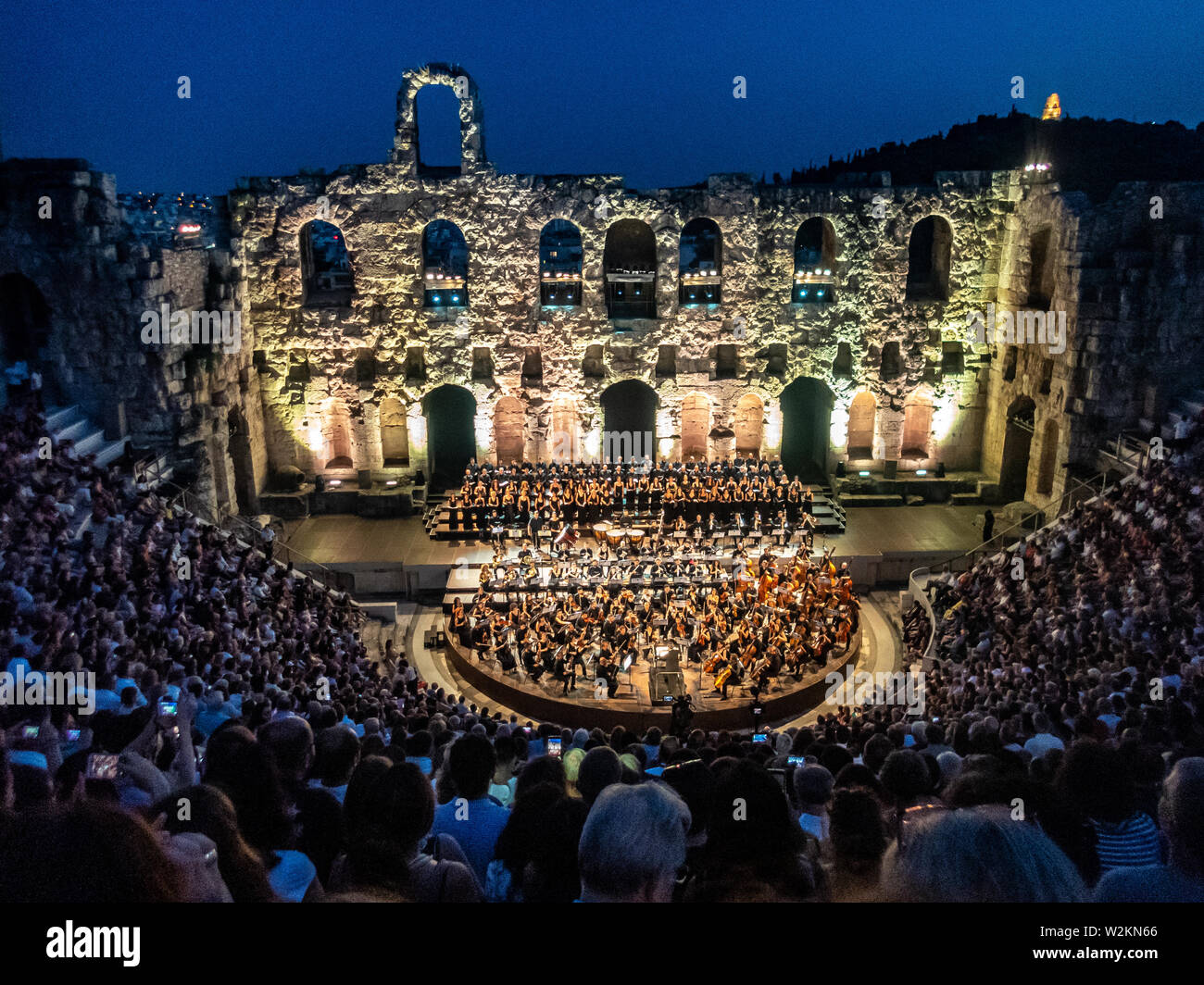 Athens, Greece, 9 July 2019 - Conductor Riccardo Muti  leads Italian and Greek musicians and choristers as they perform Beethoven’s Symphony No. 9   in the Odeon of Herodes Atticus, a concert part of the  Athens and Epidaurus Festival 2019.  Photo by Enrique Shore/Alamy Live News Stock Photo