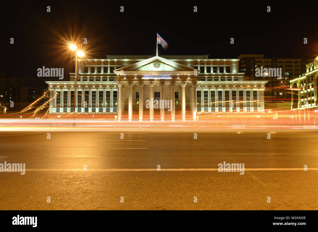 The building of the Supreme Court of the Republic of Azerbaijan on Yusif Safarov Street refreshed with artificial light in the evening. Baku. Stock Photo