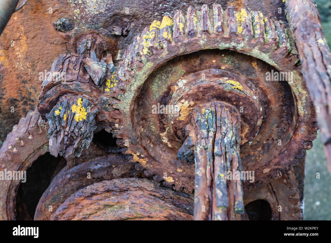 Old rusting mooring winch cogs covered in moss Stock Photo
