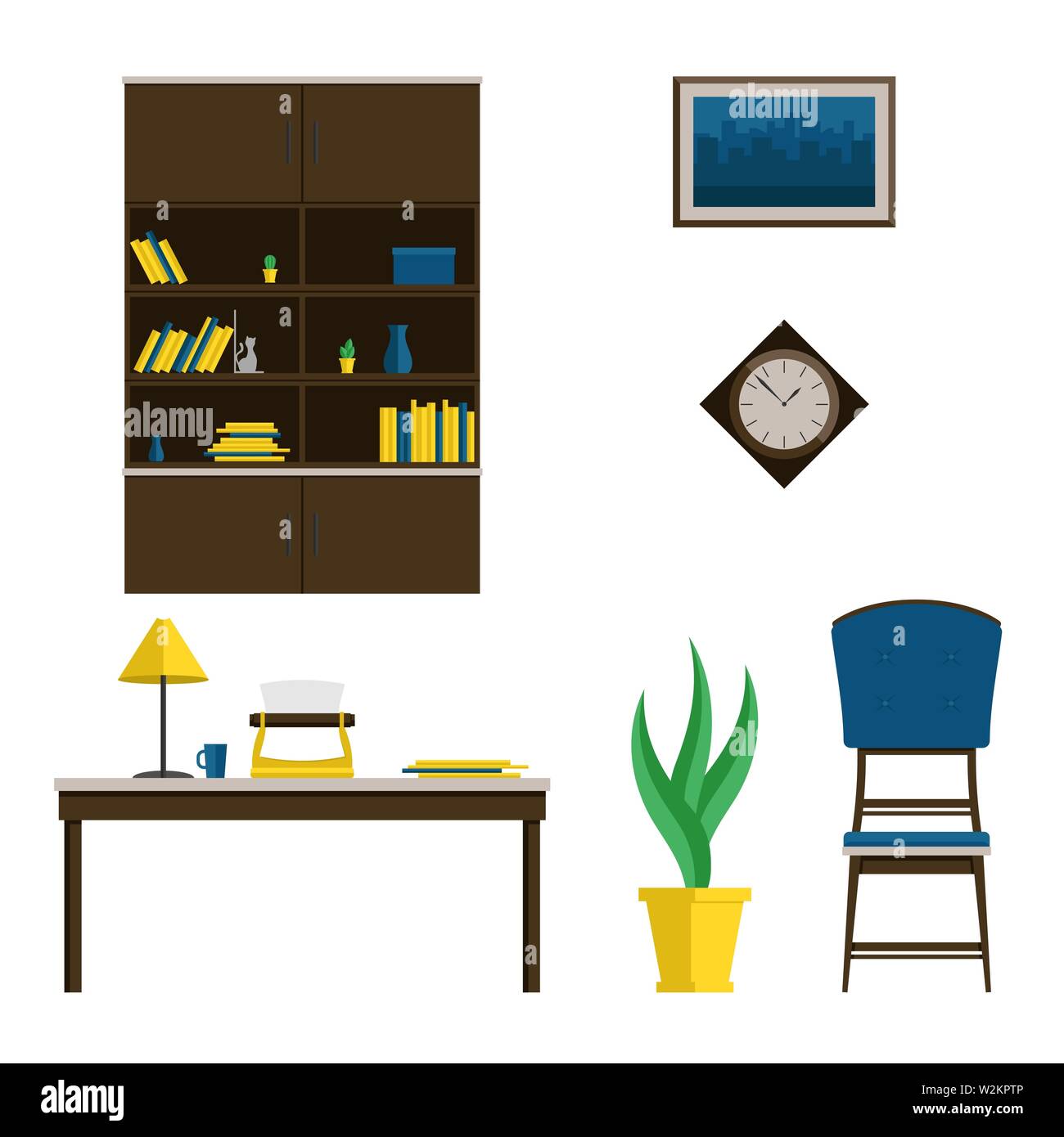 A set of furniture for the cabinet in the style of the mid-century. Vector flat illustration. The interior of the room Stock Vector