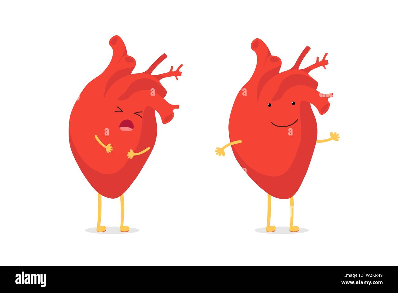 Sad sick unhealthy cry vs healthy strong happy smiling cute heart character. Medical anatomic funny cartoon human internal organ character. Vector flat illustration Stock Vector