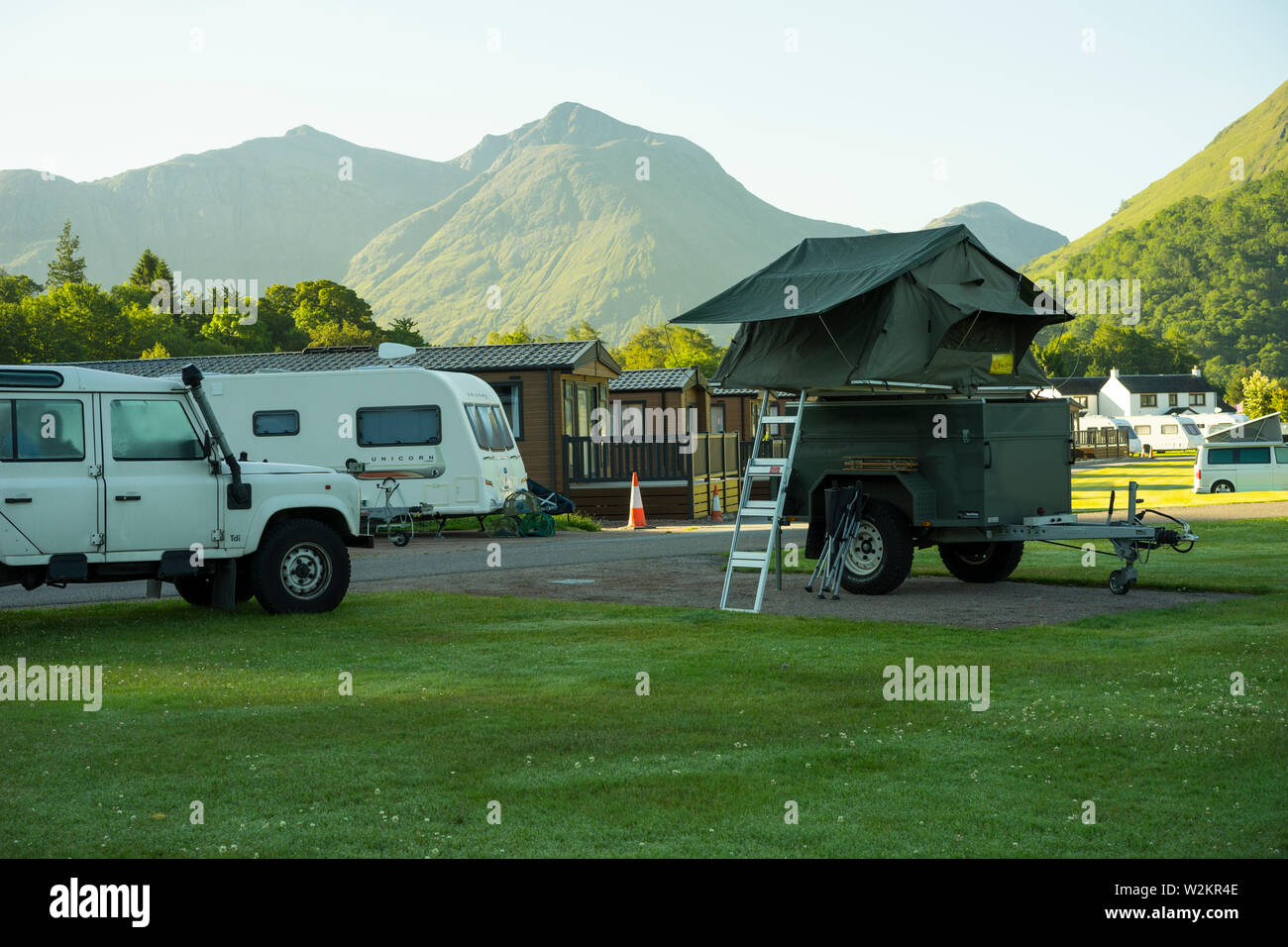 Unusual mode of camping high off the ground camping trailer,Highland,Scotland,UK. Stock Photo