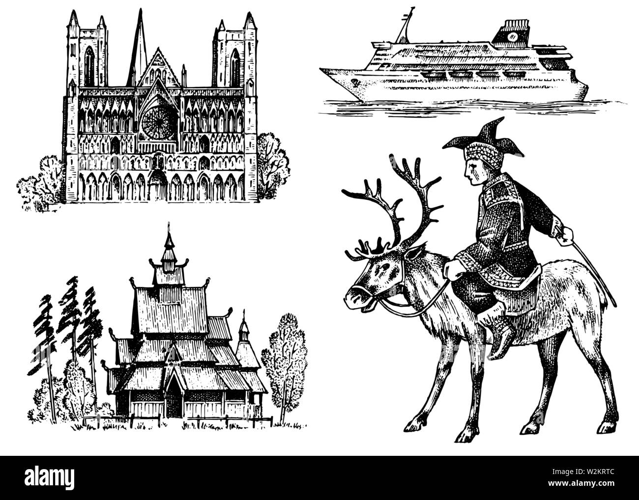 Norway culture. Set of national symbols. Norwegian Cathedral, wooden church, horseman in costume, ship for sea travel. Hand drawn engraved sketch in Stock Vector