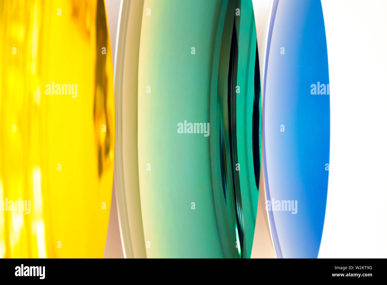 Colourful concave mirrors at the Anish Kapoor exhibition in Pitzhanger Manor, Ealing Broadway, London, UK Stock Photo