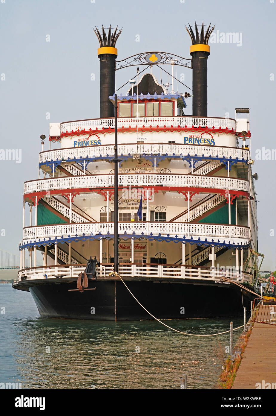 The fivedeck Detroit Princess Riverboat is docked on the Detroit River and does two hour lunch