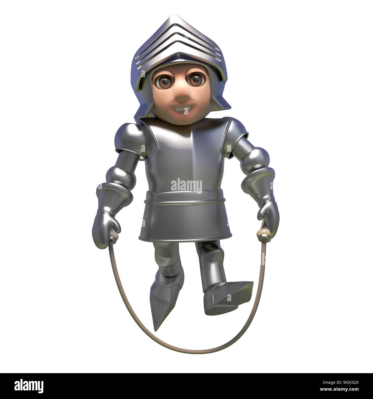Armour clad medieval knight skips joyfully with his skipping rope, 3d