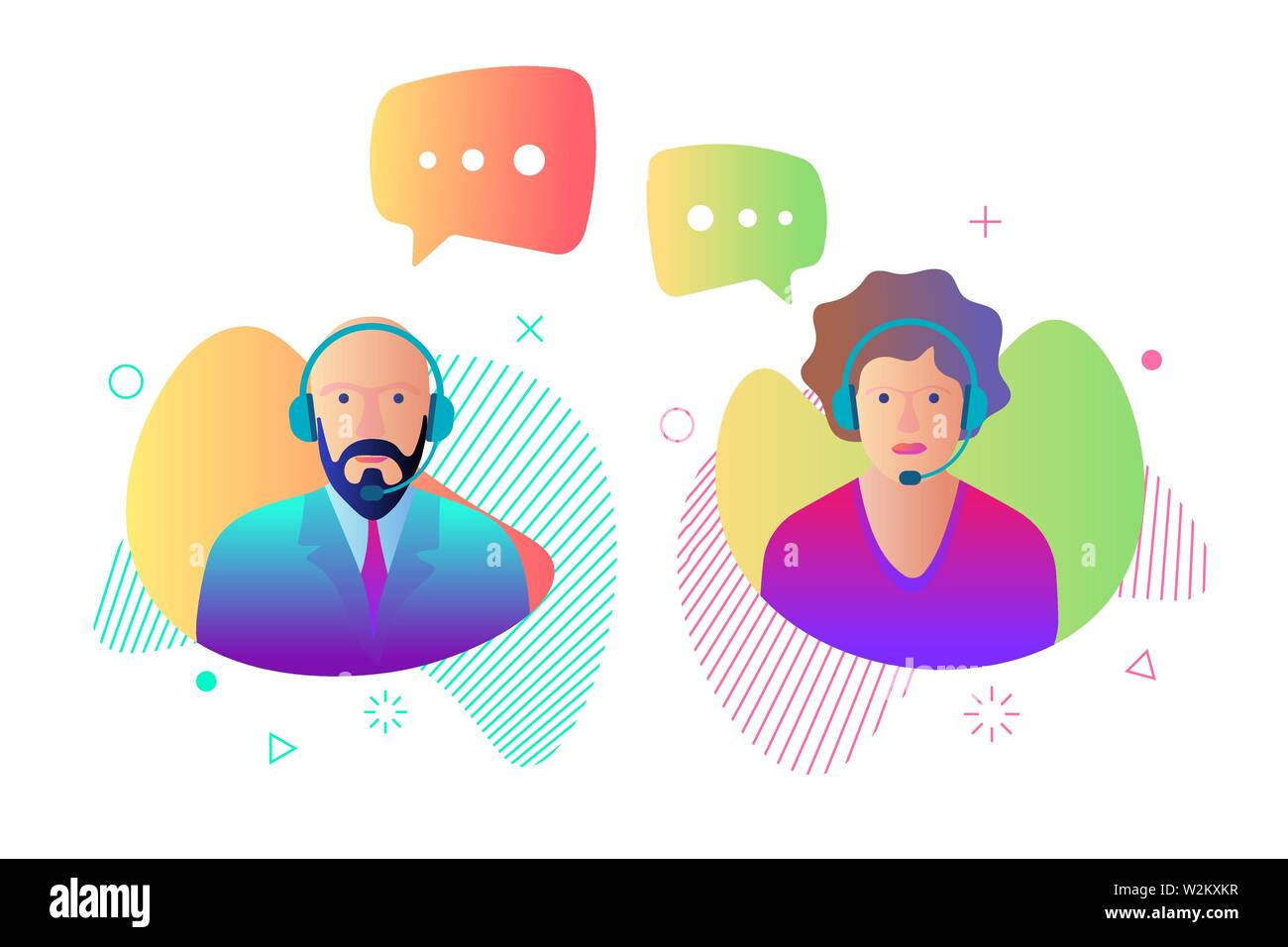 Call center customer online help service icon set. Male and female online assistant working in headphones and speech bubbles. Support character operator gradient vector illustration Stock Vector