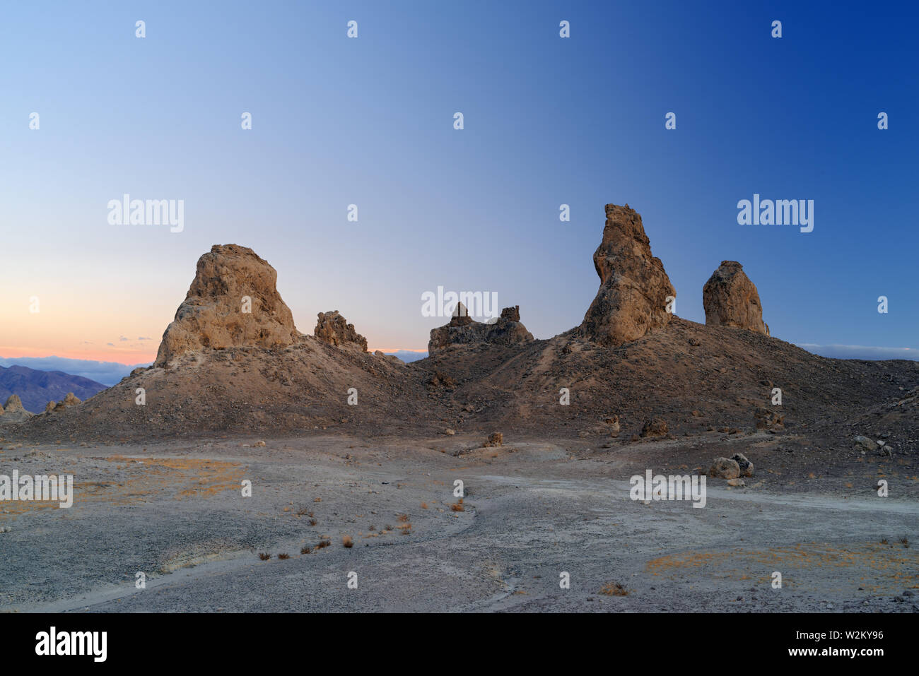 Image of the famous Trona Pinnacles, an unusual geological feature in the California Desert National Conservation Area. Stock Photo