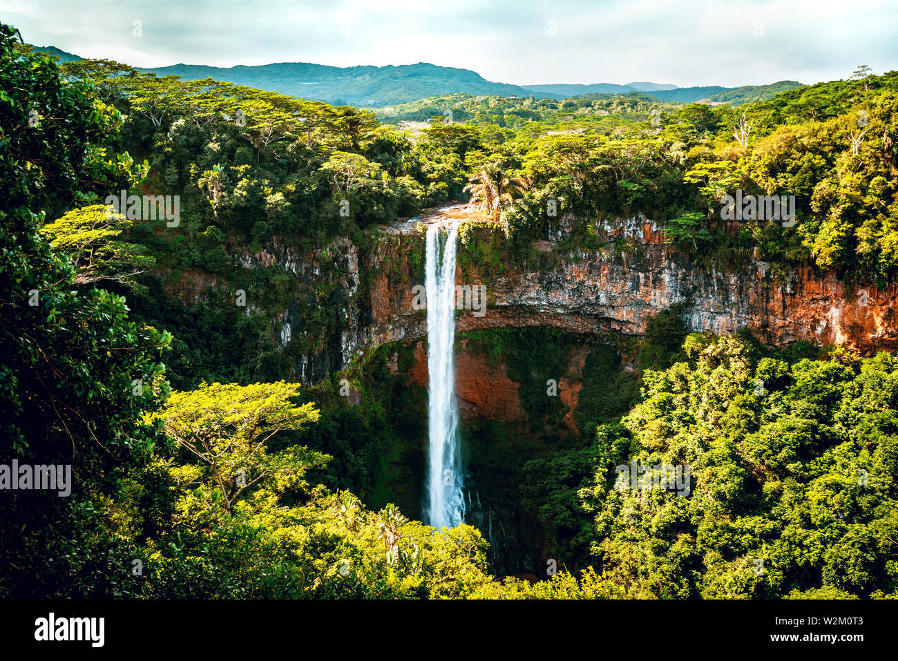 Chamarel waterfall inside the tropical paradise island of Mauritius. Toned image. Stock Photo