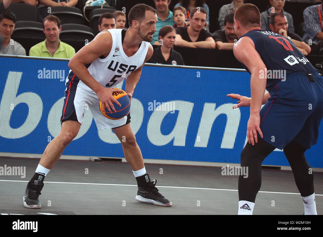 Amsterdam, Netherlands, June 19, 2019: Damon Huffman in action during the basketball game Serbia vs United States during the basketball 3x3 world cup Stock Photo