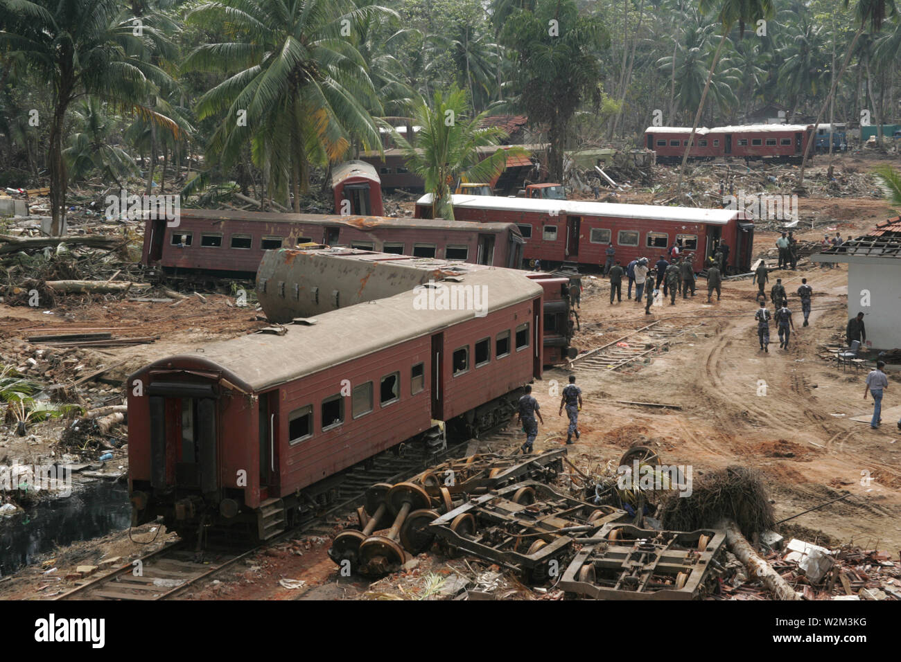 5th January 2005: View from the rooftop of the house of Karl Max Hantke and his wife Khanti Hantke, of the train that was swept away by the waves near Hikkadua. Karl and Khanti had climbed to the rooftop to safety. Sri Lanka Tsunami. Stock Photo