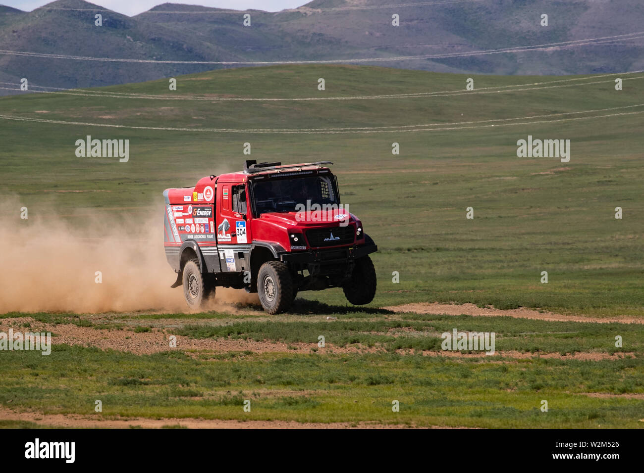Ulan Bator, Mongolia. 9th July, 2019. Siarhei Viazovich and Andrei Zhyhulin of MAZ-SPORTauto Team compete in the 3rd stage of the Silkway Rally 2019 on the outskirts of Ulan Bator, Mongolia, July 9, 2019. Credit: Bai Xueqi/Xinhua/Alamy Live News Stock Photo