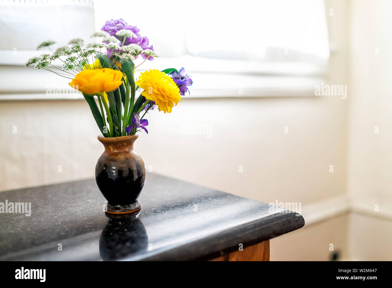 Closeup Of Plant Bouquet Vase With Yellow Plants On Wooden Table In Room By Window With Yellow And Purple Flowers Stock Photo Alamy Closeup Of Plant Bouquet Vase With Yellow Plants On Wooden Table In Room By Window With Yellow And Purple Flowers Stock Photo Alamy