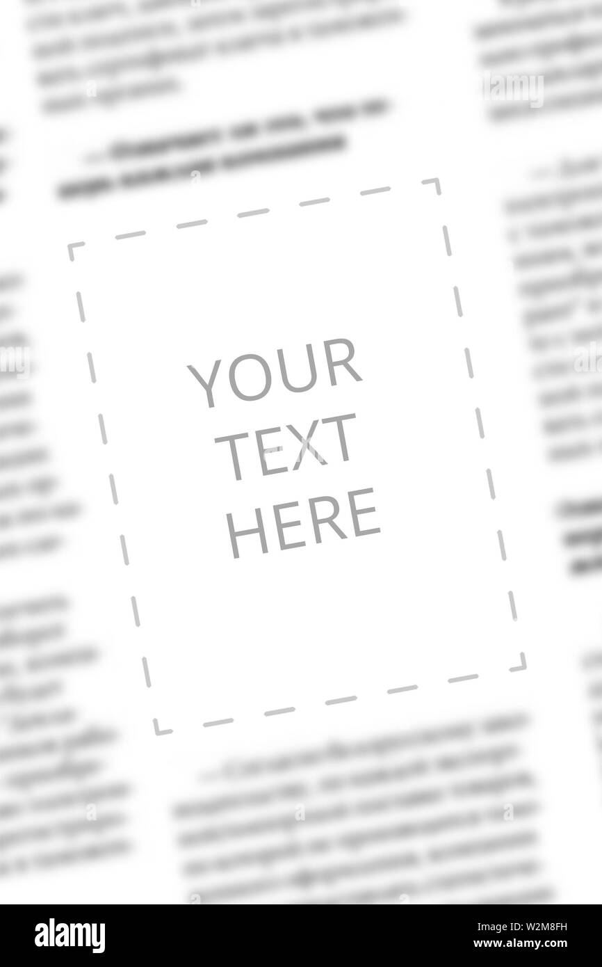 Newspaper sample with copy space for your text on the blurred columns background. Mockup for tabloid. Blurred text of paper columns with blank space Stock Photo