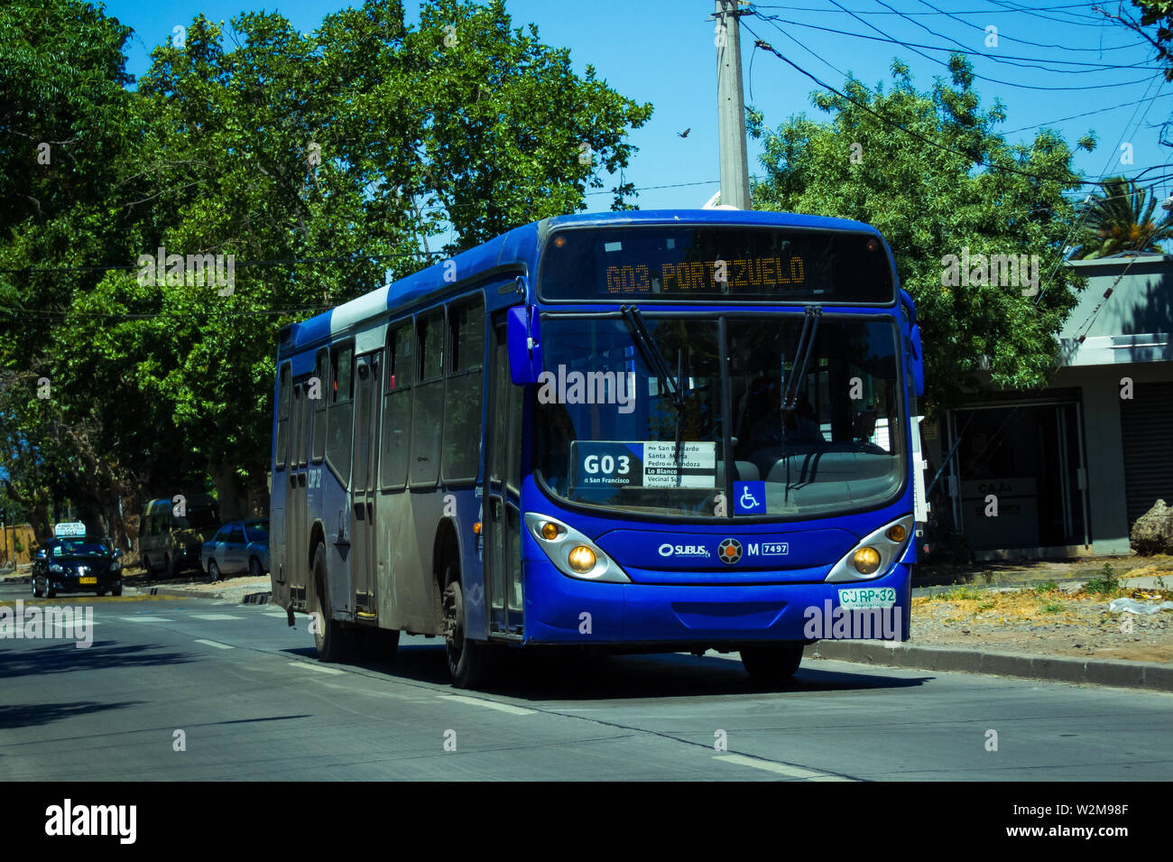 SANTIAGO, CHILE - DECEMBER 2014: A blue Transantiago bus in San Bernardo Stock Photo