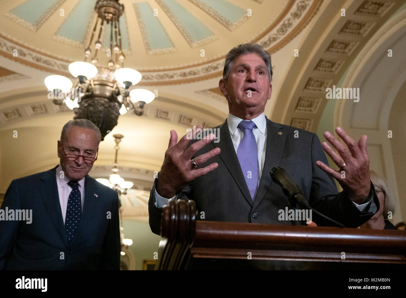 United States Senator Joe Manchin III (Democrat of West Virginia) speaks at a press conference following Senate Policy Luncheons on Capitol Hill in Washington, DC, U.S. on July 9, 2019. Credit: Stefani Reynolds/CNP /MediaPunch Stock Photo