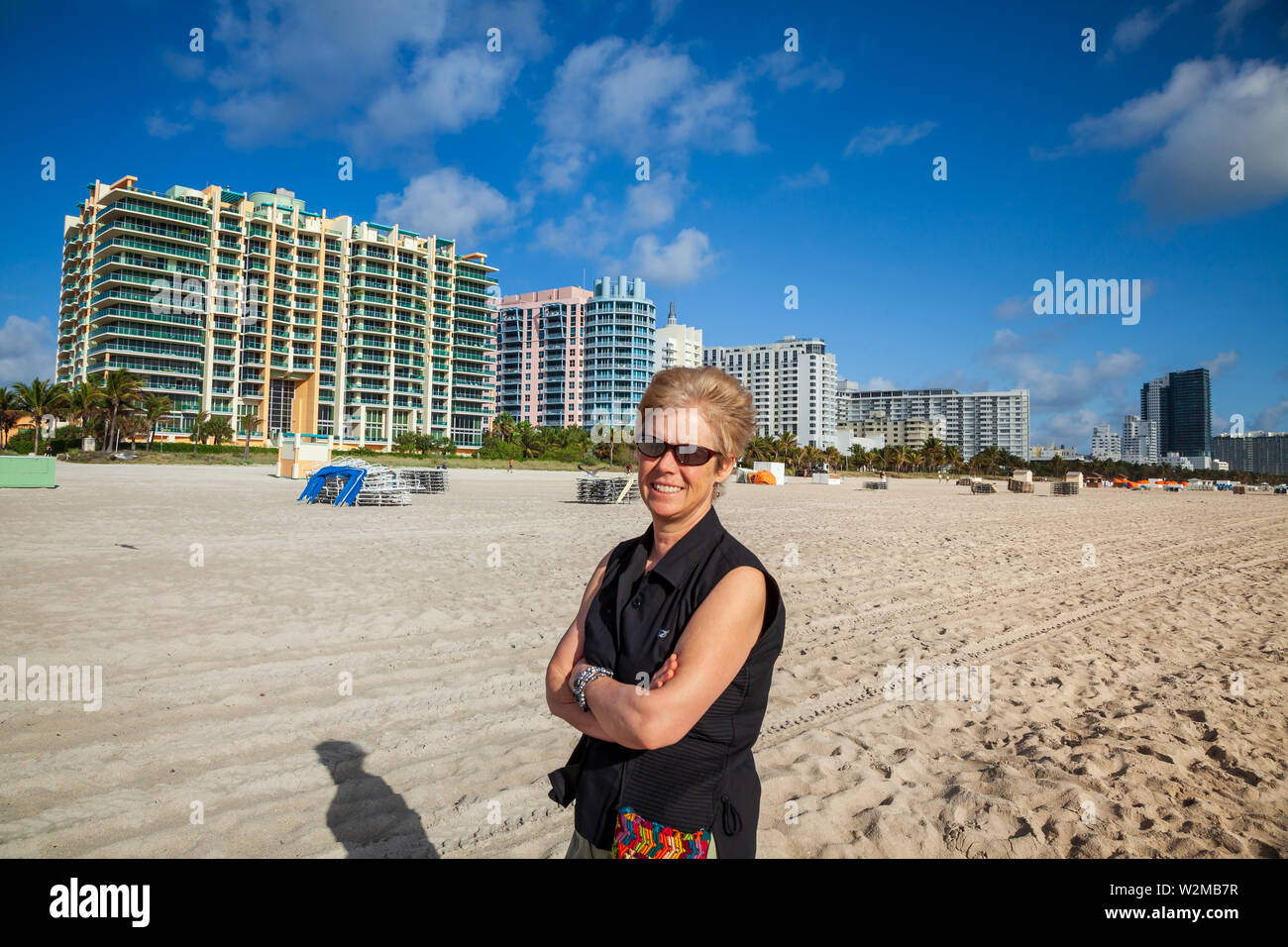 Female tourist posing at Miami's South Beach, Florida Stock Photo - Alamy