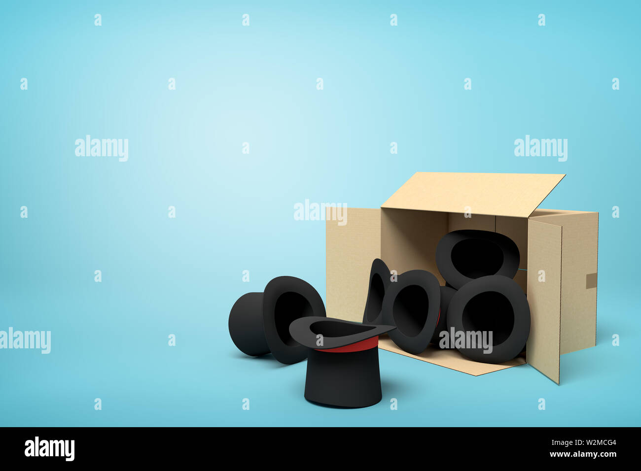 3d rendering of black top hats falling out of a carton box on blue background Stock Photo