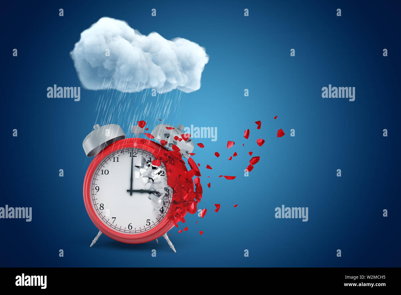Clocks Raining 3d rendering of red alarm clock standing under raining cloud and ...