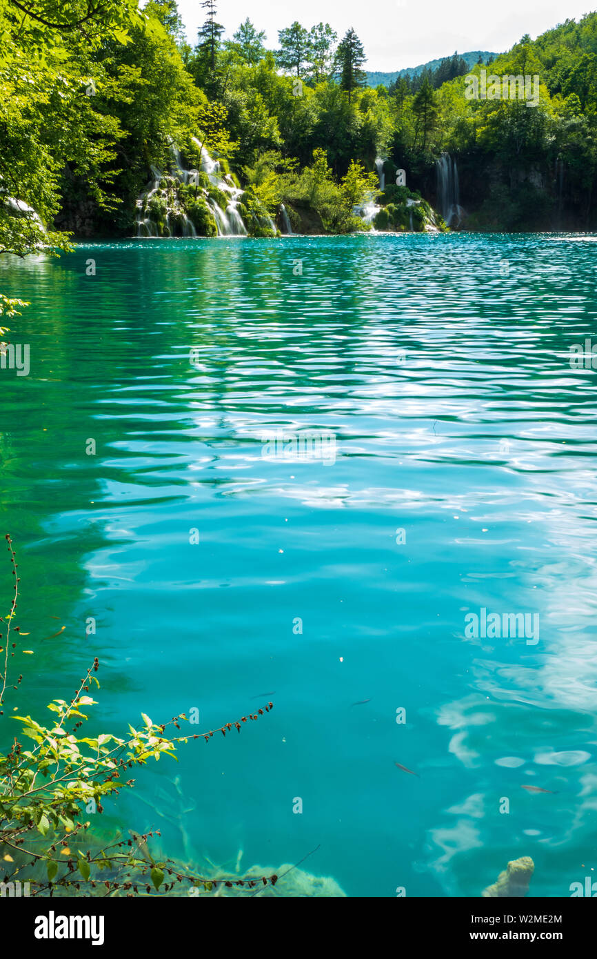Rushing water cascades down the natural barriers into the crystal clear and azure coloured Lake Milanovac at the Plitvice Lakes National Park, Croatia Stock Photo