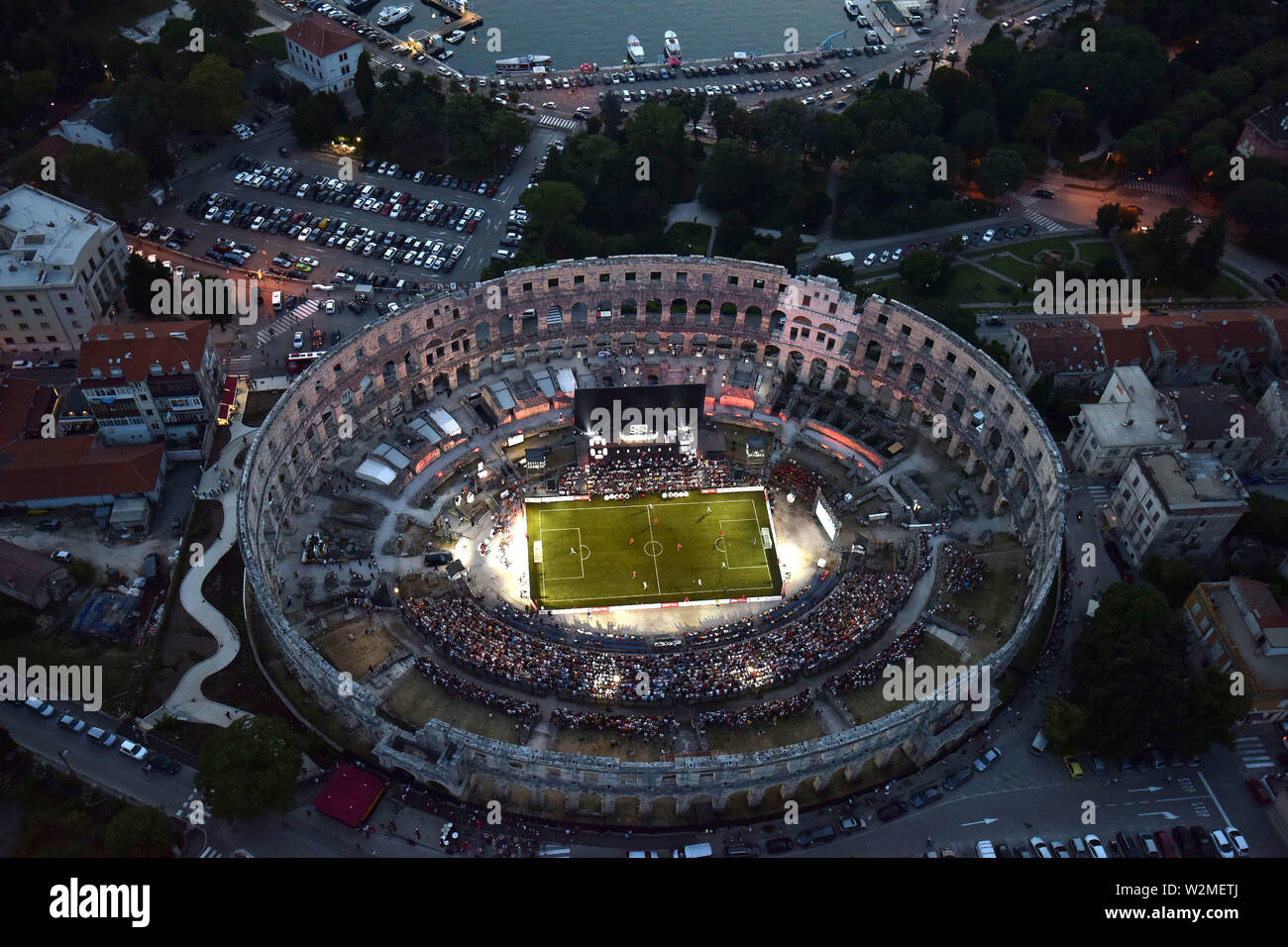 Beijing, China. 8th July, 2019. Aerial photo taken on July 8, 2019 shows the ancient Arena where former Bayern Munich players competed during an exhibition match in Pula, Croatia. Credit: Nel Pavletic/Xinhua/Alamy Live News Stock Photo