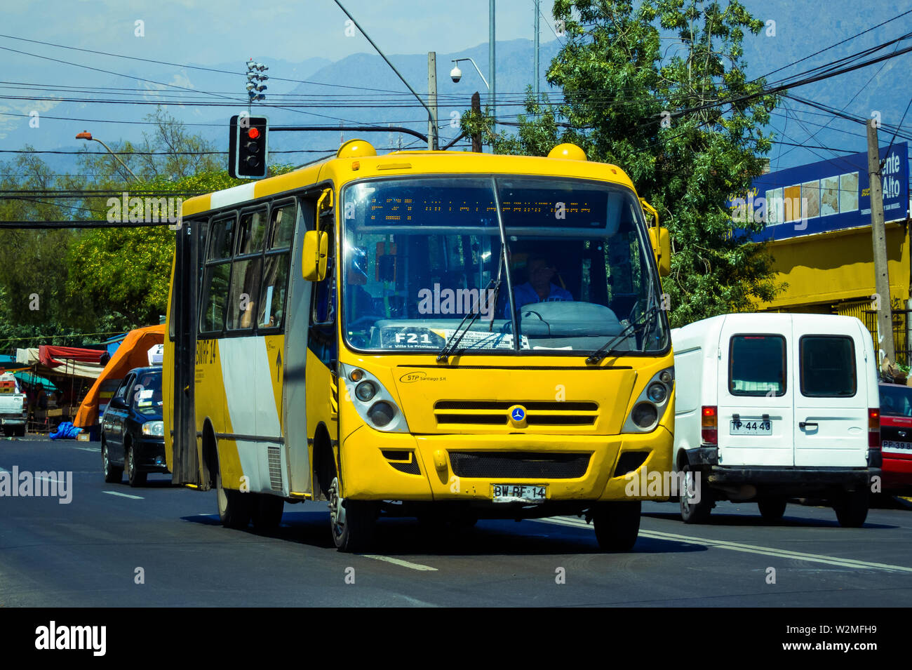 SANTIAGO, CHILE - NOVEMBER 2014: A yellow Transantiago bus in Puente Alto Stock Photo