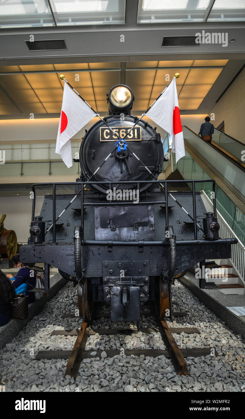 Tokyo, Japan - Apr 7, 2019. A vintage train at the Yushukan Military and War Museum in Yasukuni Shrine. Stock Photo