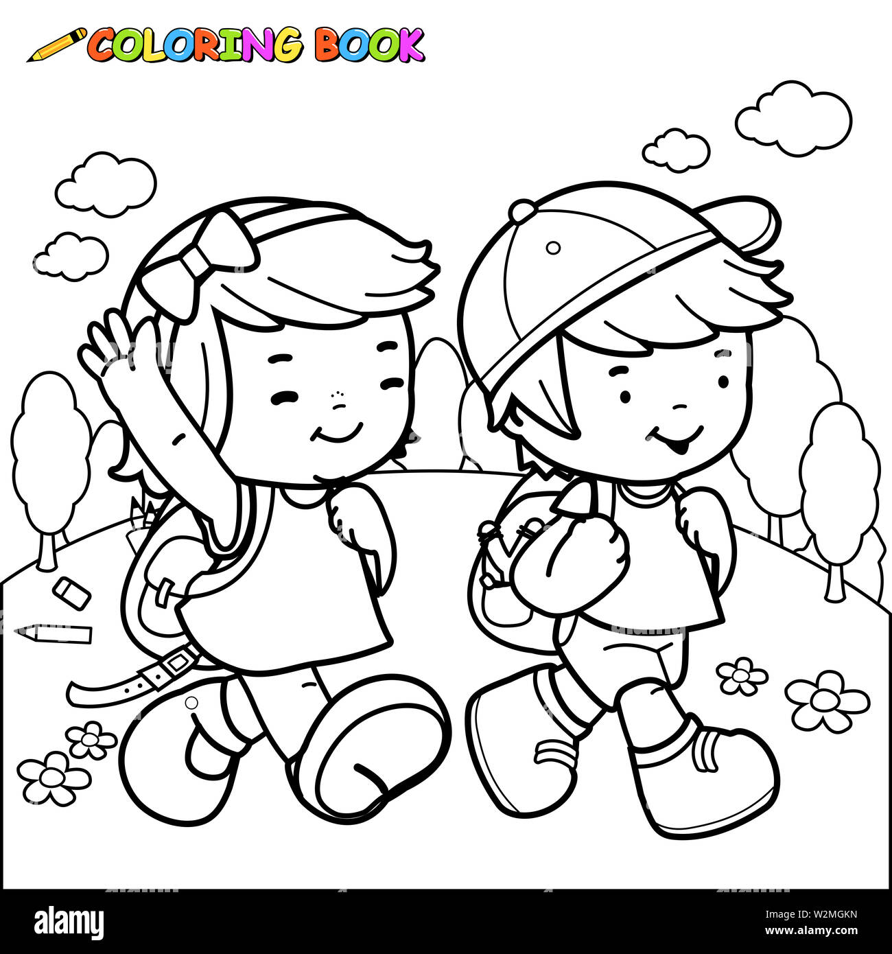 Illustration Of A Black And White Outline Image Of A Girl And A Boy Students Walking To School Coloring Book Page Stock Photo Alamy