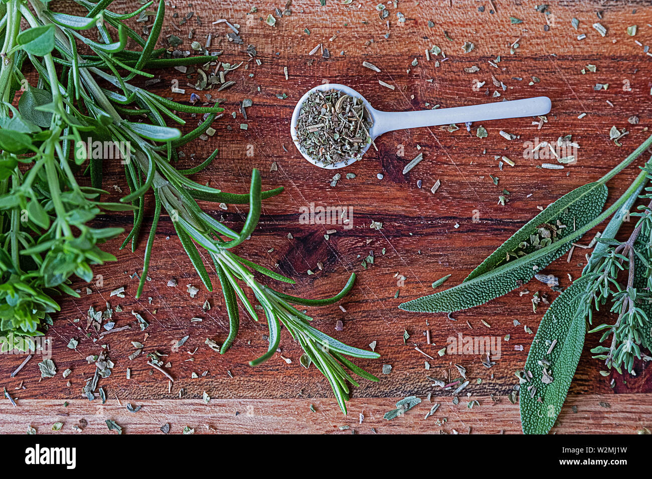 view from above on dried and fresh herbs Stock Photo